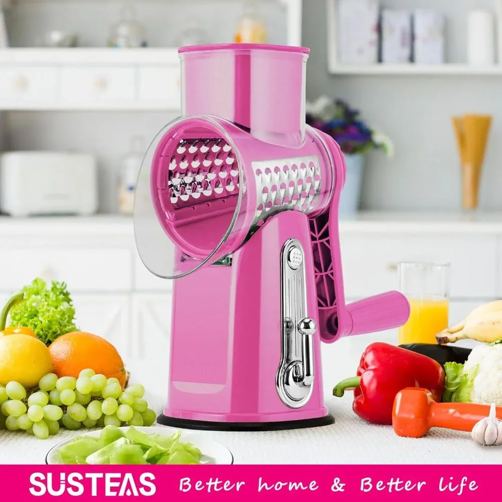 Rotary Cheese Grater w/Handle &5 Blades, Round Slicer & Vegetable Grater Pink